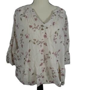 Gap Women's Small Peasant Floral Pleated Blouse Lightweight Cotton 3/4 Sleeves
